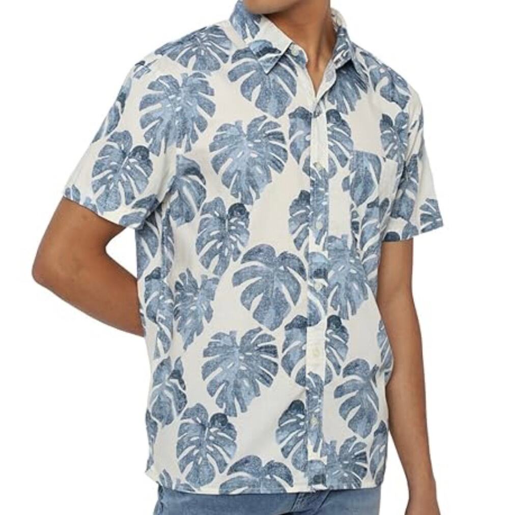 American Eagle Blue White Cotton Tropical Leaf Print Resort Shirt NWT Medium